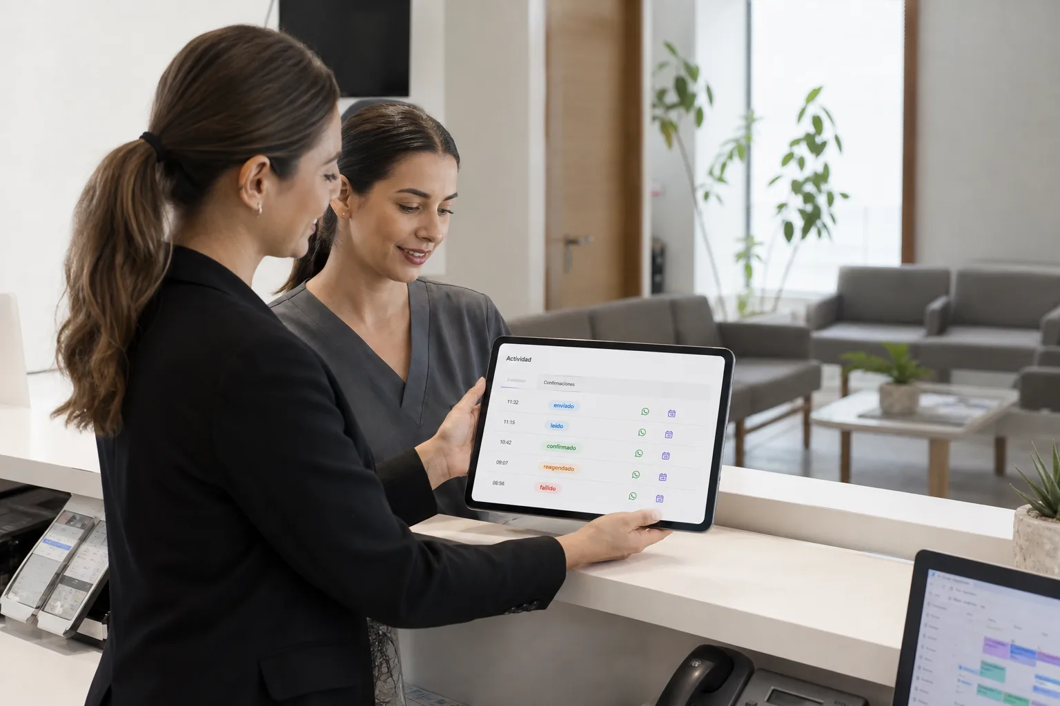 Equipo de clínica revisando estados de recordatorios en una tablet